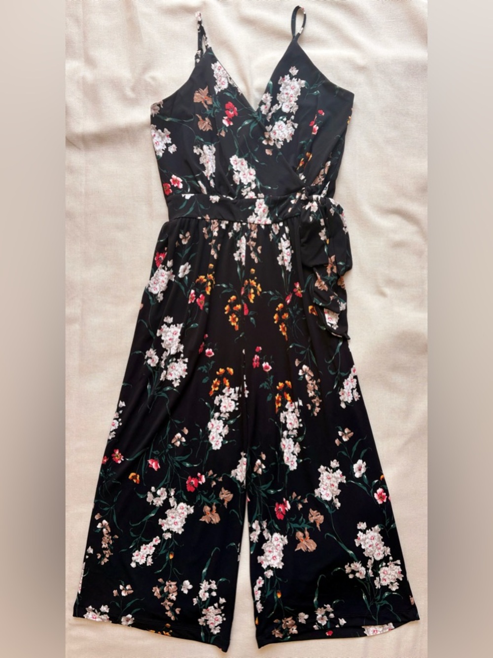 Kaileigh Black Floral Jumpsuit with Pink, White and Green Accents🖤